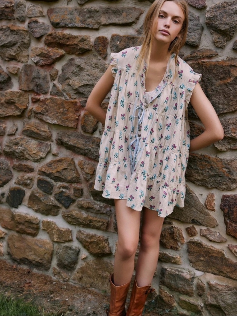 NWT People Sundown Floral Tunic Top/Dress, Floral and gingham ribbon, size S